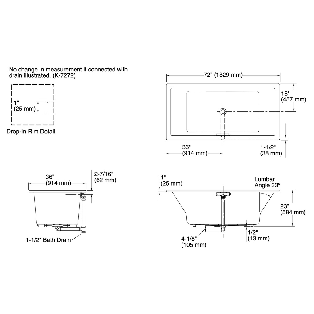 Kohler 1834-0 Underscore 72X36 Bath