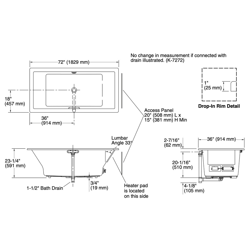 Kohler 1834-W1-7 Underscore Bask Di 72X36 Bath