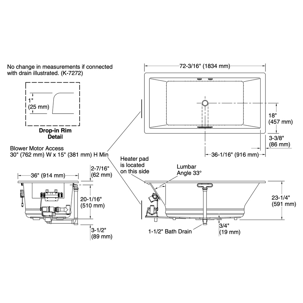 Kohler 1835-GHW-0 Underscore Heated Bbm Bask 6' Bath