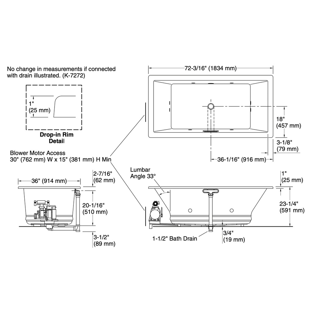 Kohler 1835-JH-0 Underscore 72X36 Fj Whirlpool