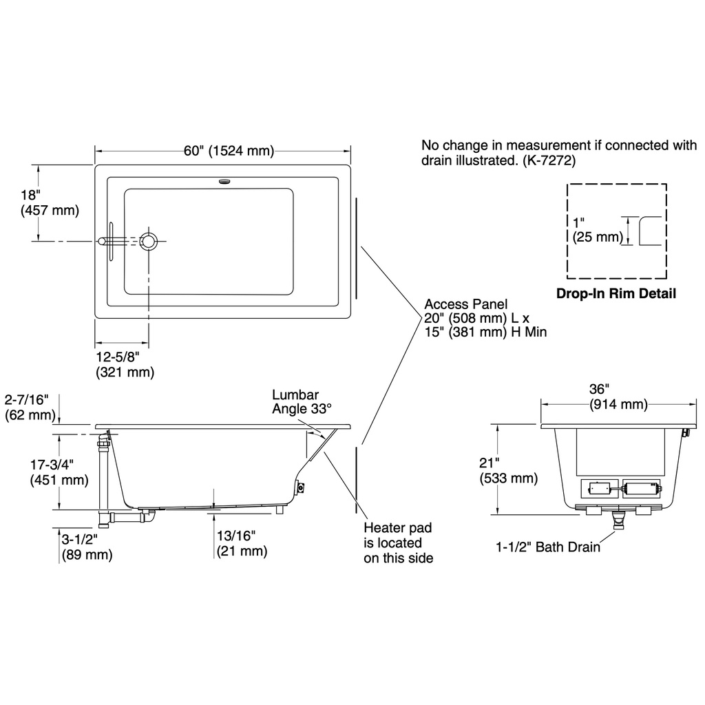 Kohler 1848-W1-0 Underscore Bask Di 60X36 Bath