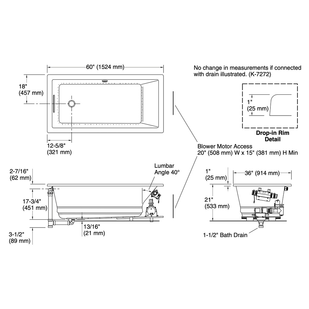 Kohler 1849-GH-7 Underscore 60X36X21 Heated Bm Bath