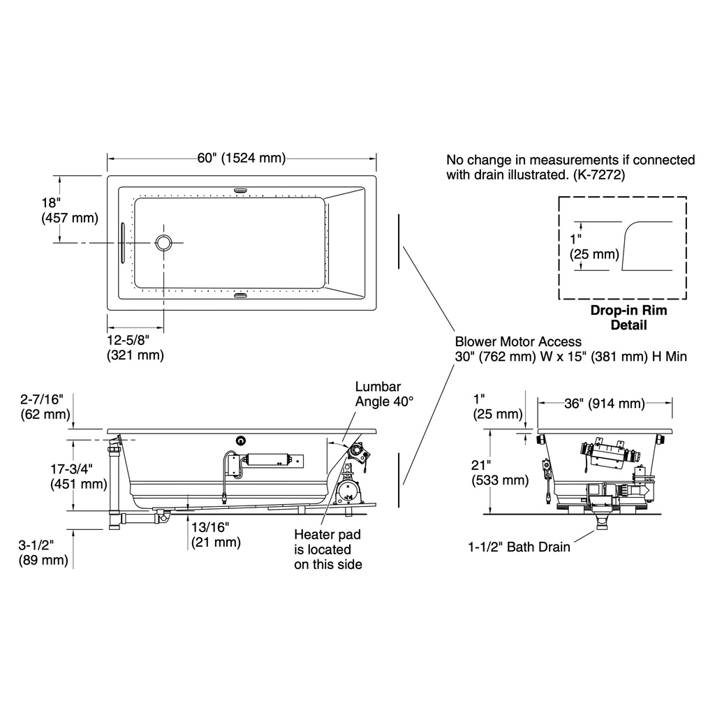 Kohler 1849-GHW-96 Underscore Heated Bbm Bask Bath