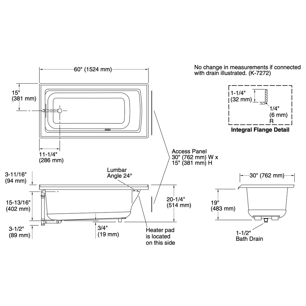 Kohler 1946-LW-7 Archer Bask 60X30 3-Flange Bath