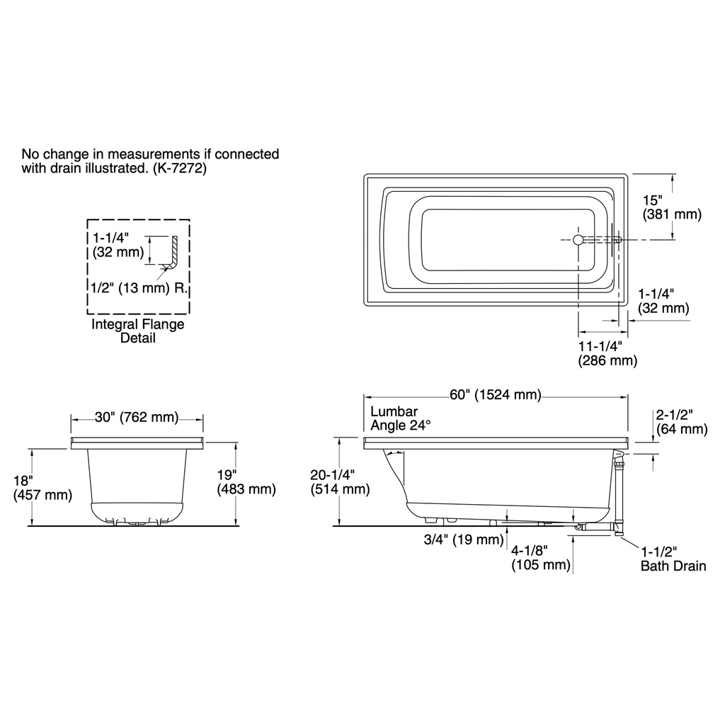 Kohler 1946-R-95 Archer 60X30 3-Flange Bath