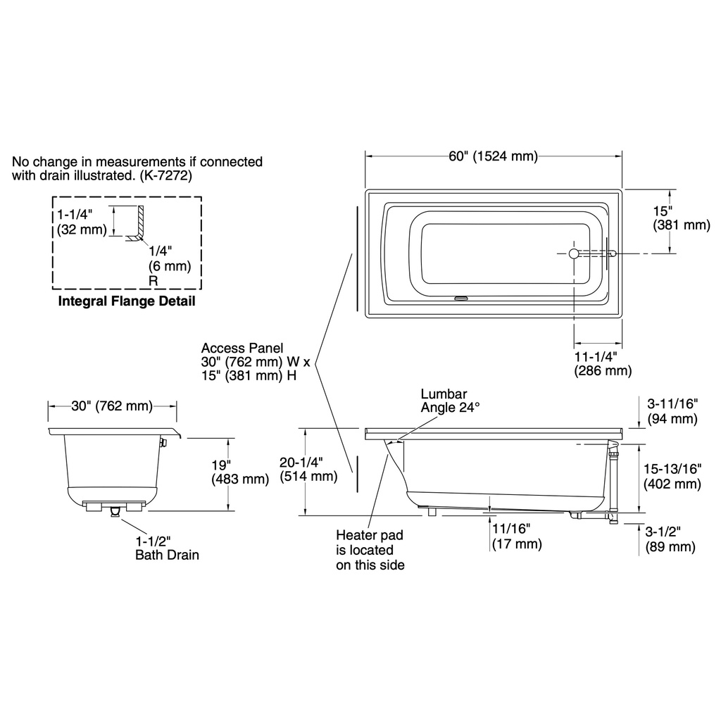 Kohler 1946-RW-7 Archer Bask 60X30 3-Flange Bath