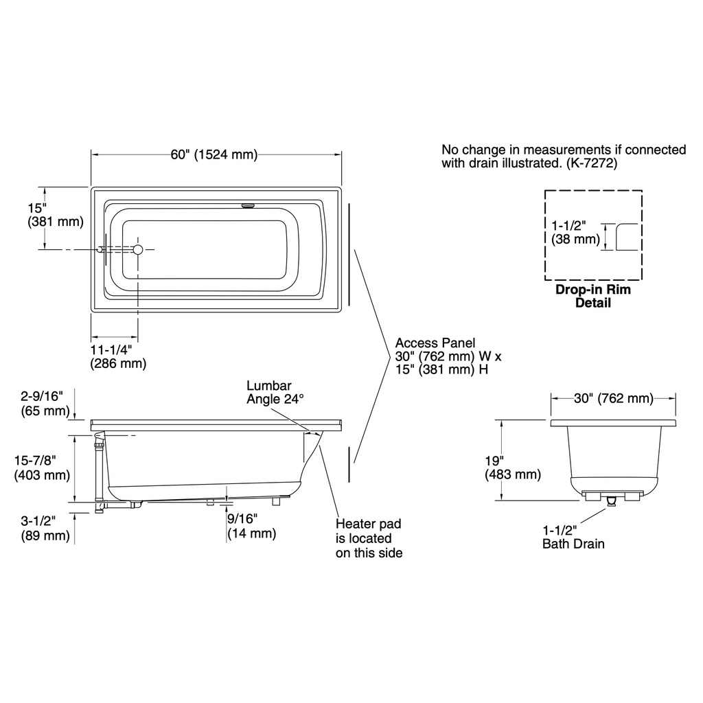 Kohler 1946-W1-7 Archer Bask 60X30 Drop-In Bath