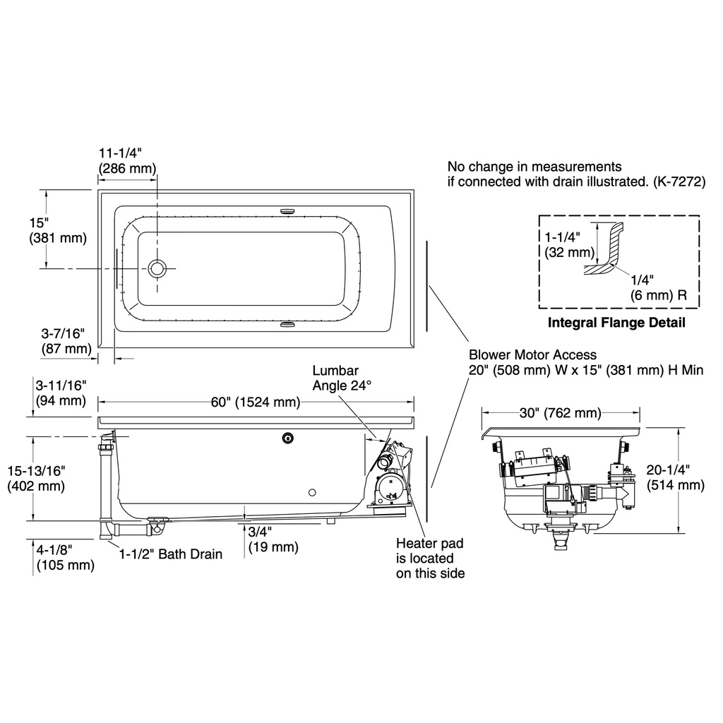 Kohler 1947-GHLW-95 Archer Heated Bbm Bask 5' Bath