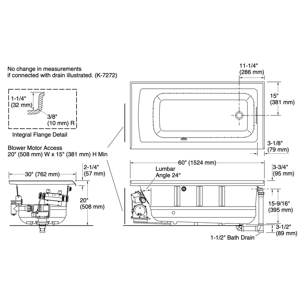 Kohler 1947-GHRF-7 Archer Heated Bbm 5' Bath, Rh Flg