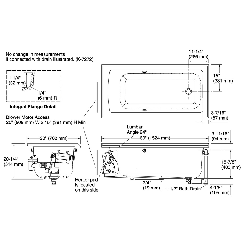 Kohler 1947-GHRW-7 Archer Heated Bbm Bask 5' Bath