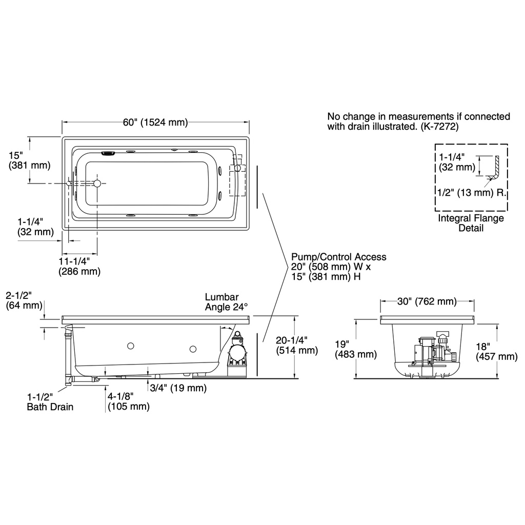 Kohler 1947-LH-96 Archer 60X30 Drop-In Wp, Heat, Lh Flg