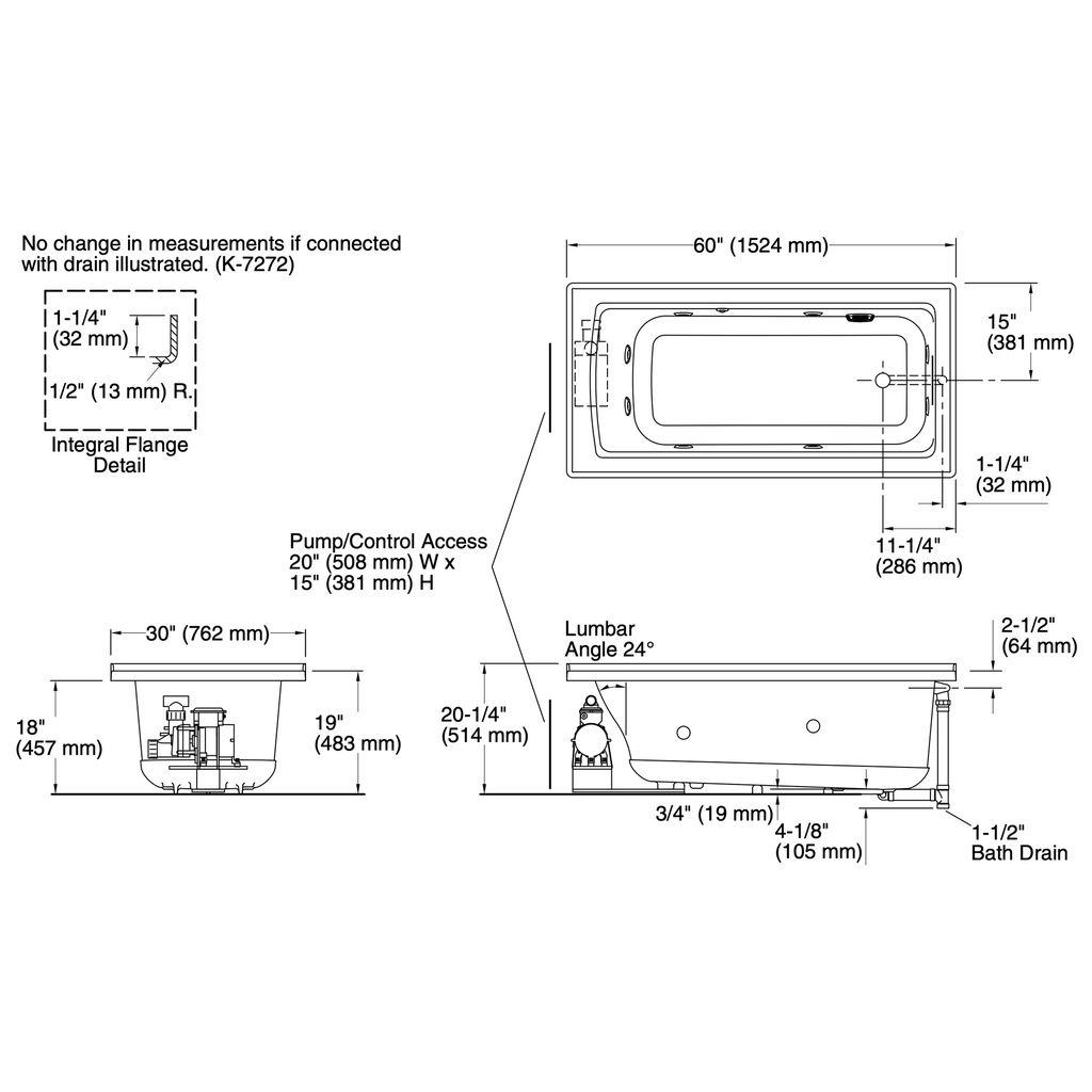 Kohler 1947-RH-0 Archer 60X30 Drop-In Wp, Heat, Rh Flg