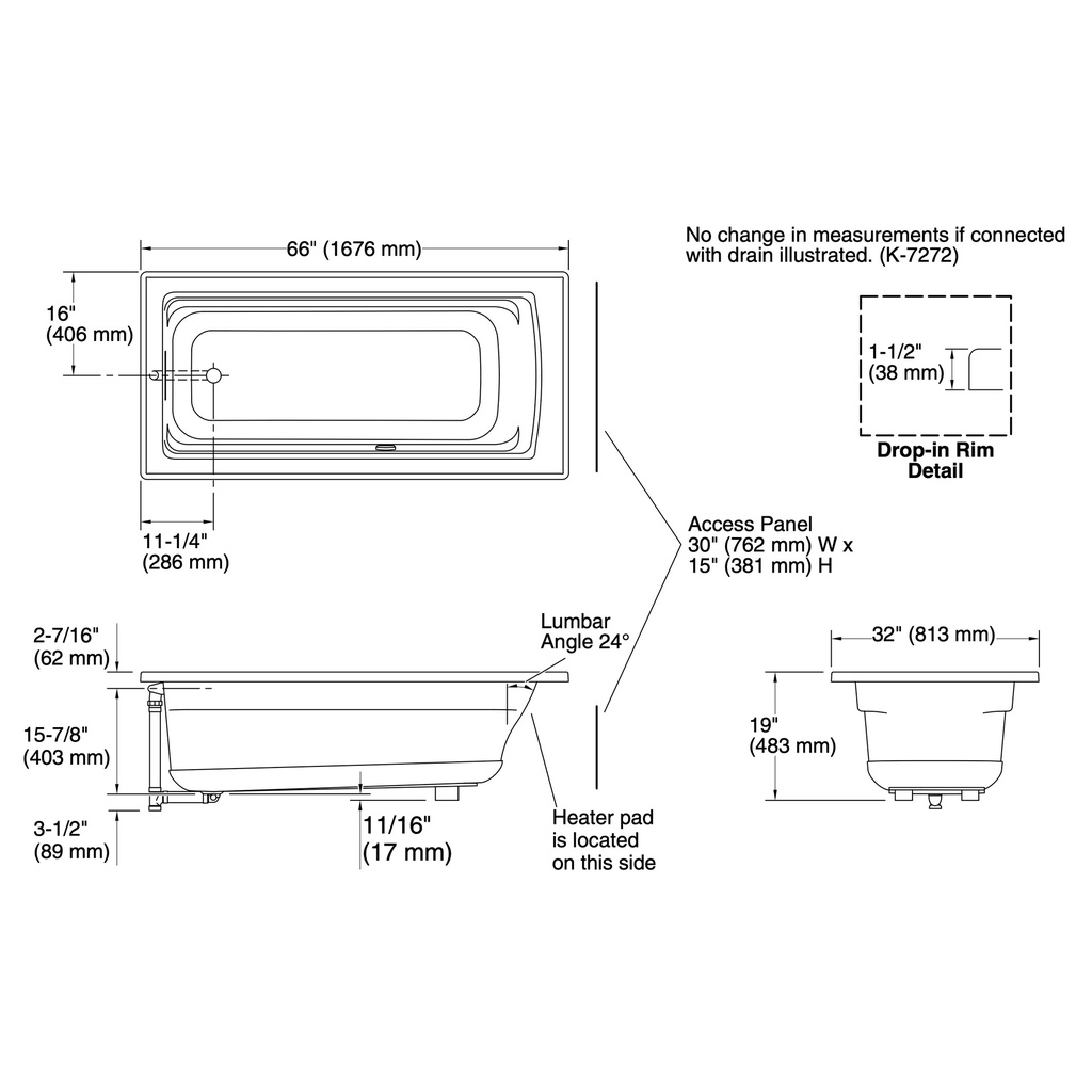 Kohler 1948-W1-7 Archer Bask 66X32 Bath, Drop-In
