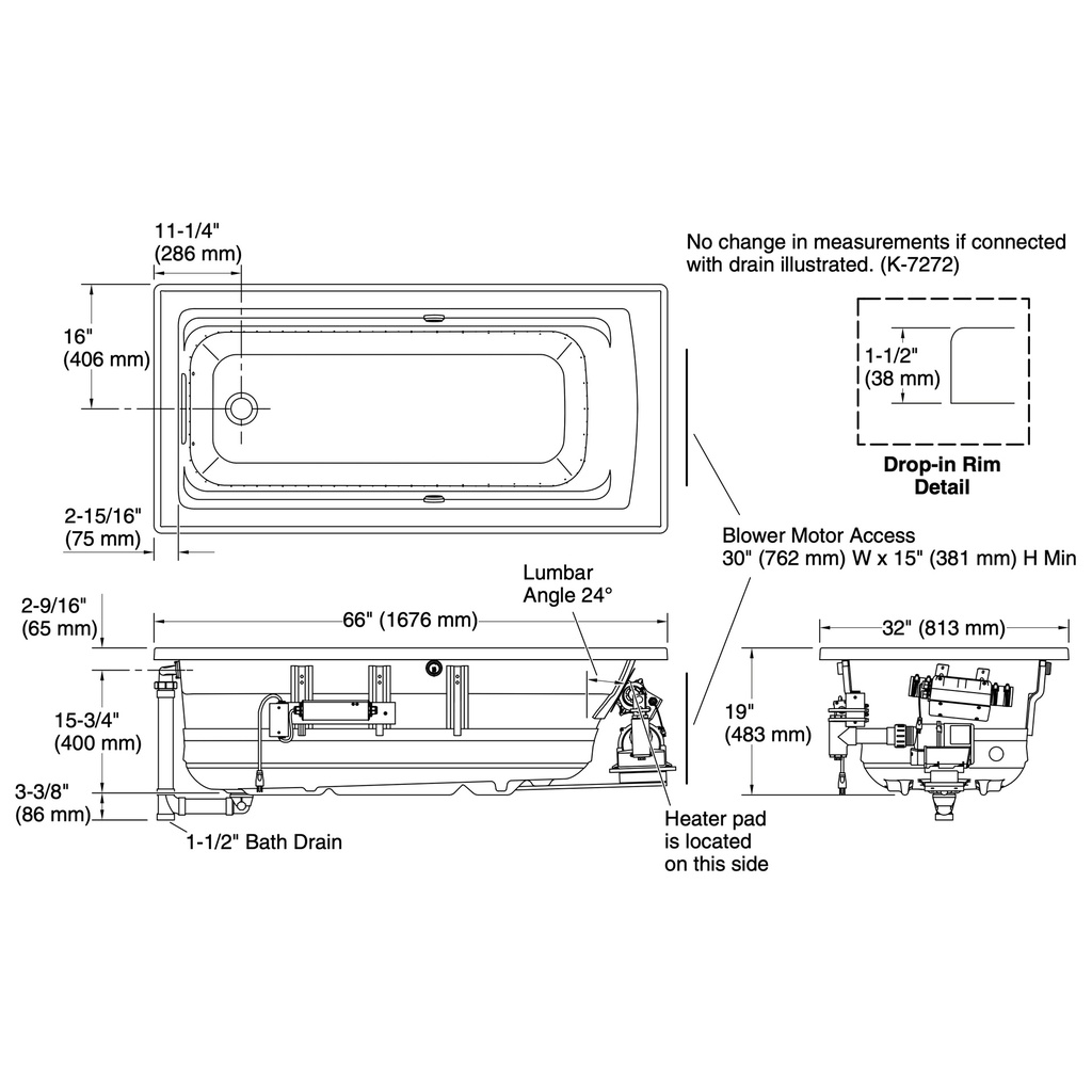 Kohler 1949-GHW-95 Archer Heated Bbm Bask 55' Bath