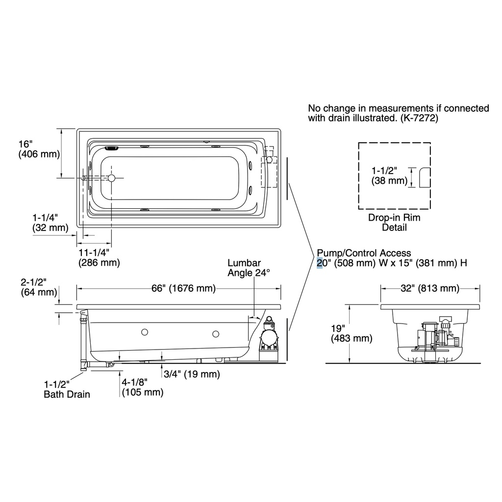 Kohler 1949-H-96 Archer Drop-In Fj Whirlpool, 5.5' Heat
