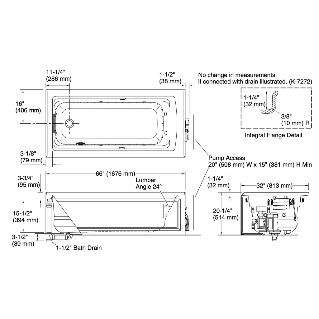 Kohler 1949-XGHLA-95 Archer Heated Bbm 66X32 Wp Lh Ia