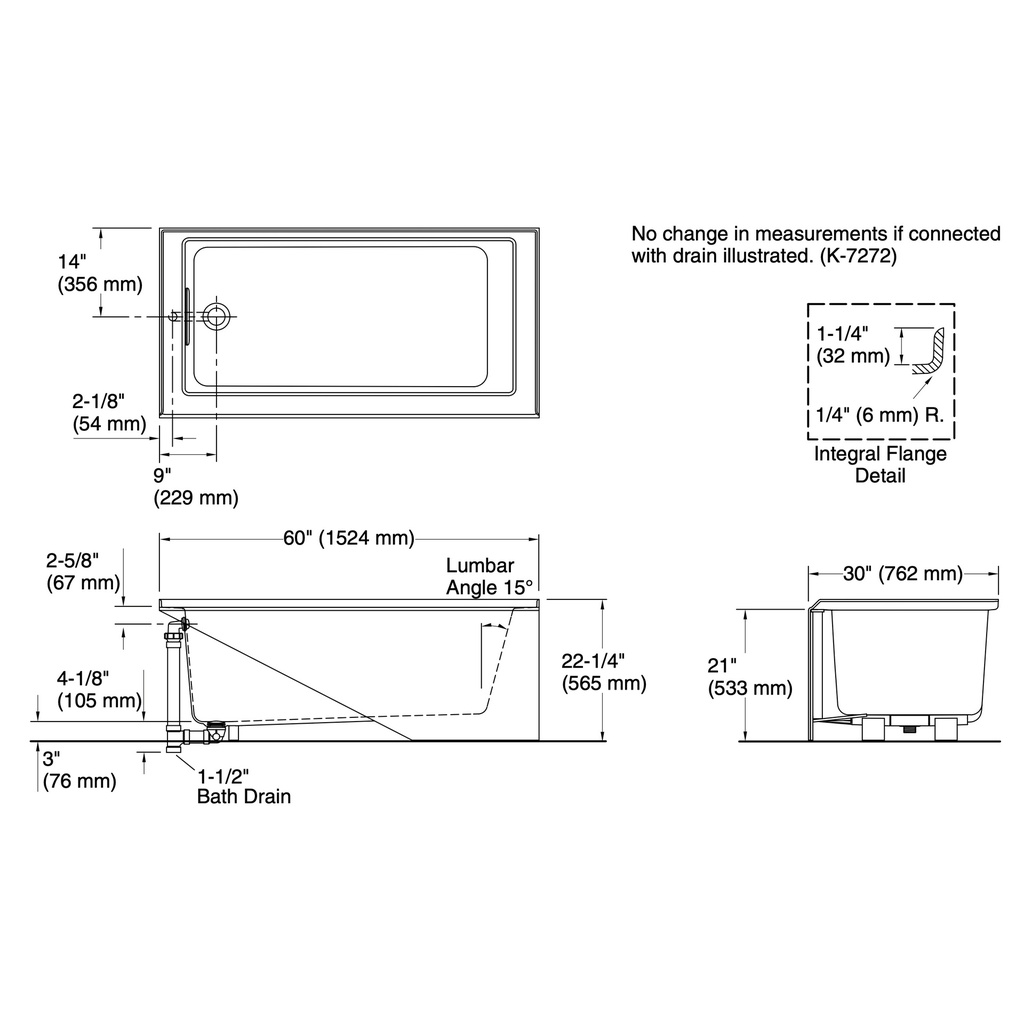 Kohler 1956-LA-0 Underscore 60X30 Ia Bath, Lh