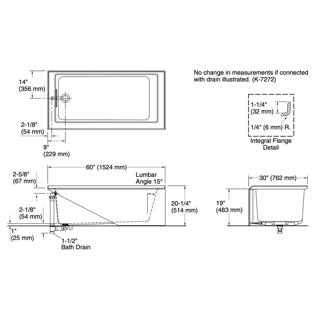 Kohler 20201-LA-0 Underscore 60X30 Left-Hand Drain Alcove Bath White
