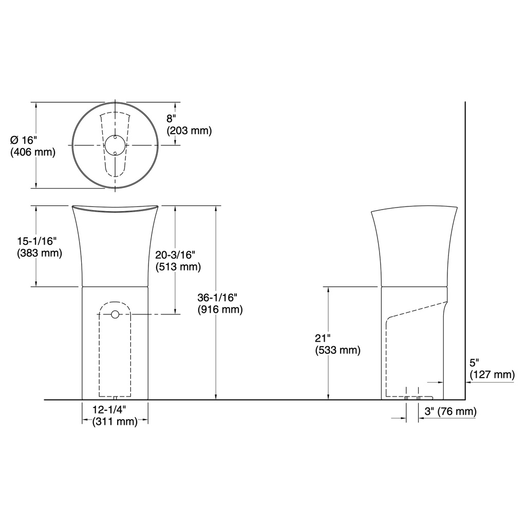 Kohler 20701-N-96 Veil Pedestal Lavatory No Overflow
