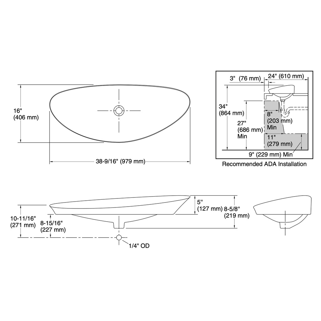 Kohler 20705-N-96 Veil Trough Vessel No Overflow