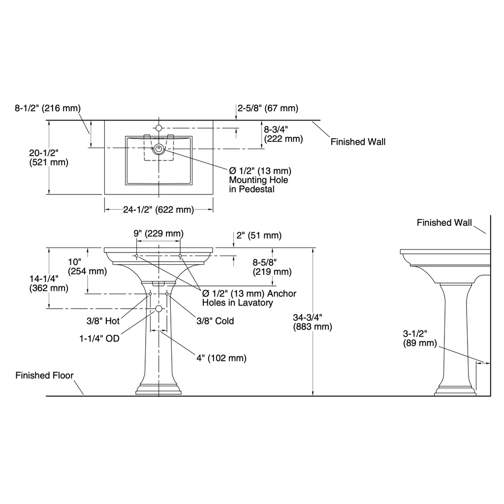 Kohler 2344-1-7 Memoirs Stately 24 Pedestal Lavatory