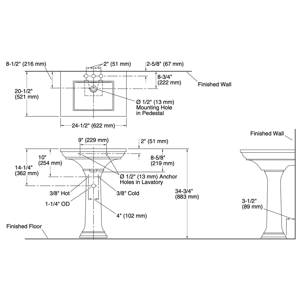 Kohler 2344-4-7 Memoirs Stately 24 Pedestal Lavatory