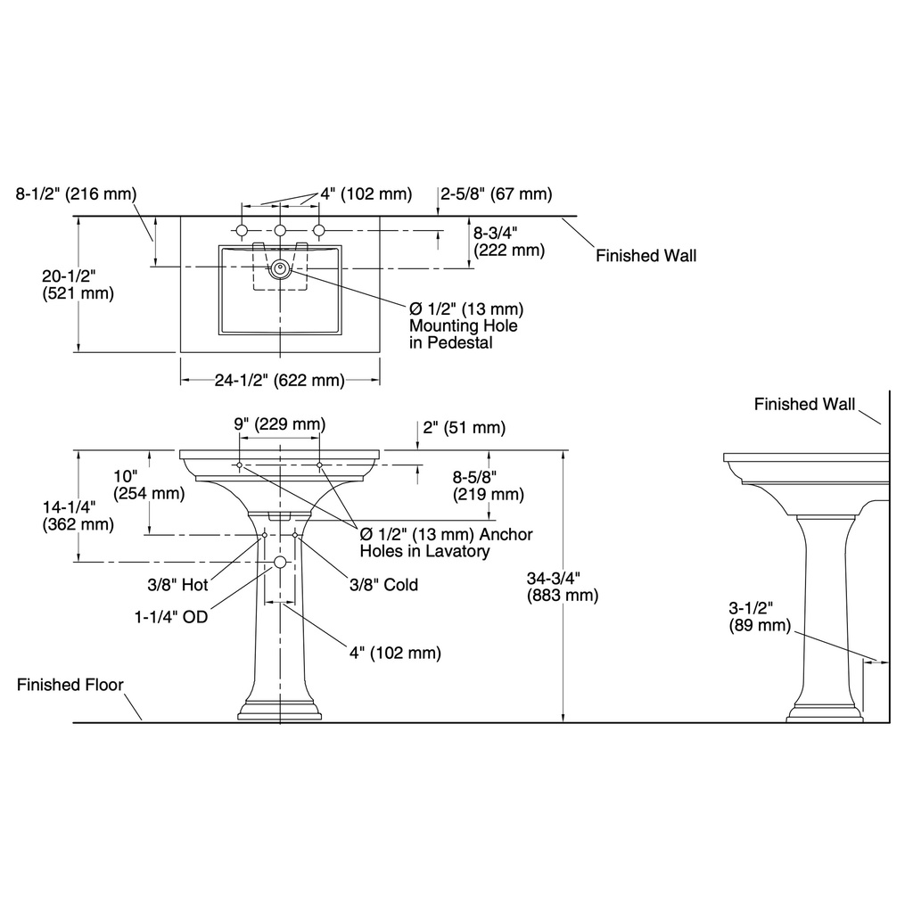 Kohler 2344-8-58 Memoirs Stately 24 Pedestal Lavatory