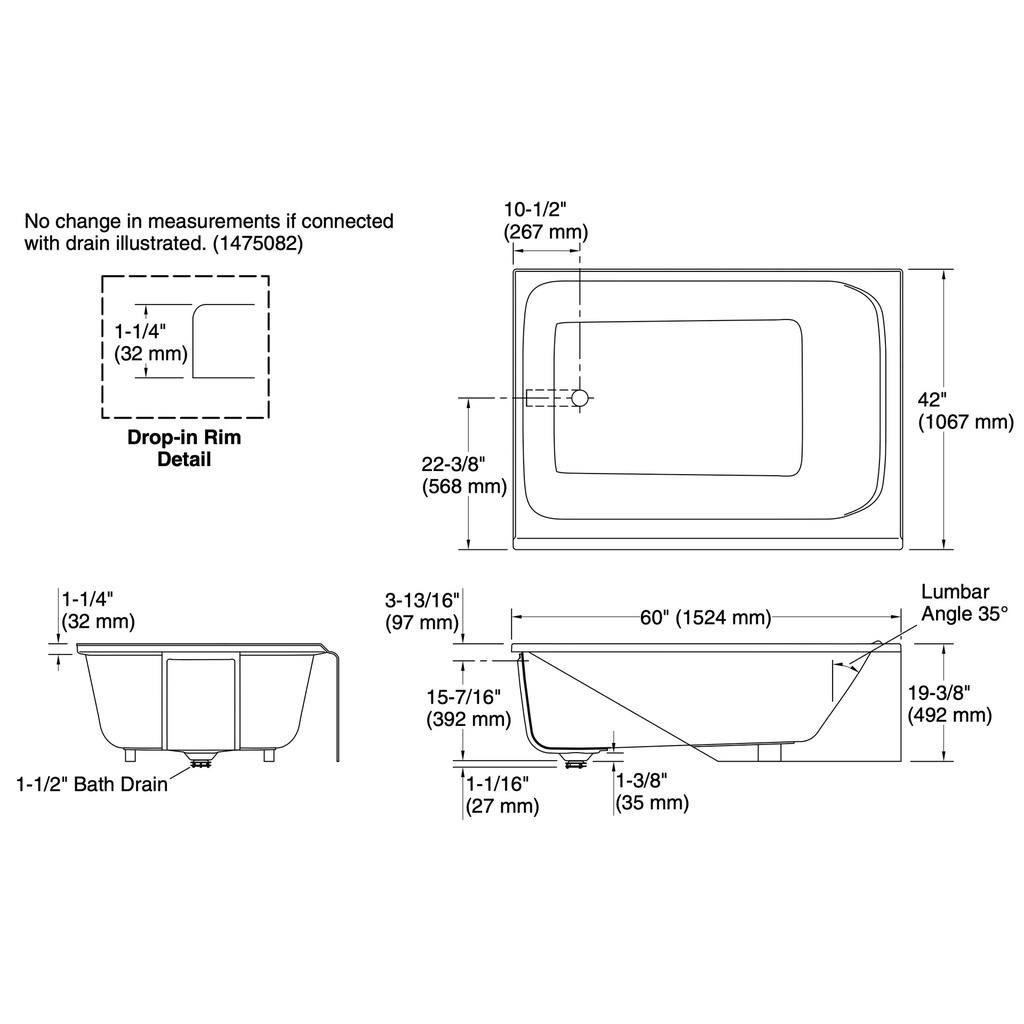Kohler 25833-LA-0 Avec 60 X 42 Ia Bath LH Drain