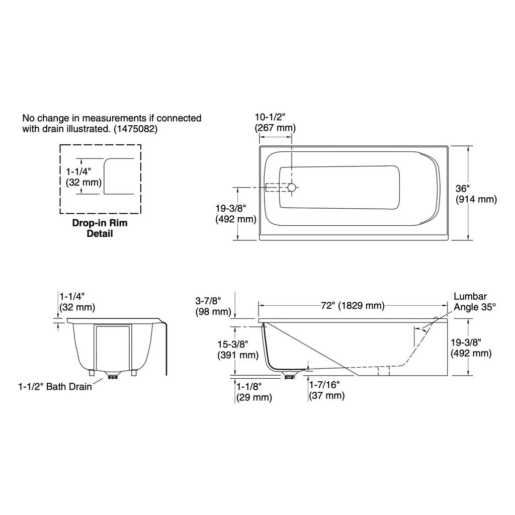 Kohler 25834-LA-0 Avec 72 X 36 Ia Bath LH Drain