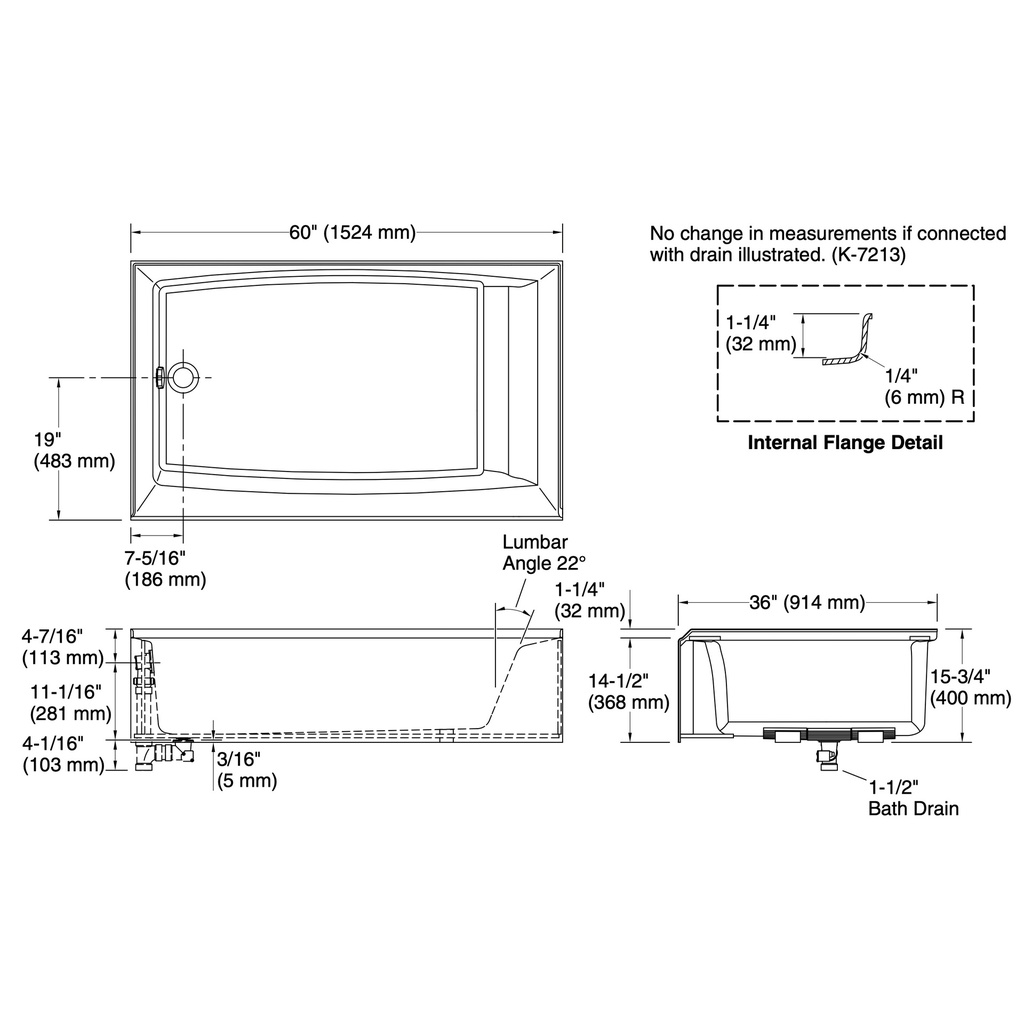 Kohler 26107-LA-0 Entity 5' Lh Ia 60X36 Bath