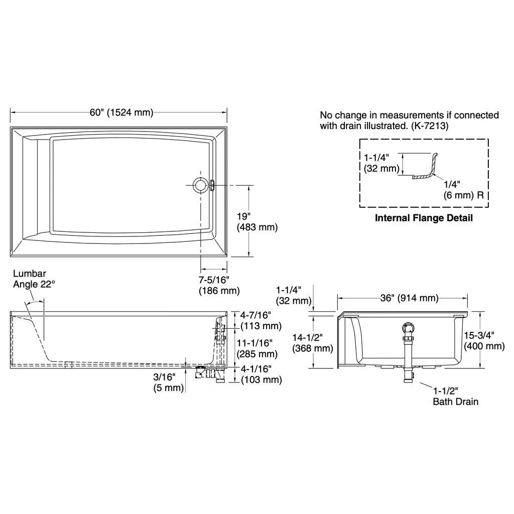 Kohler 26107-RA-0 Entity 5' Rh Ia 60X36 Bath