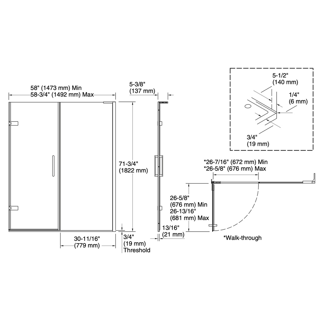 Kohler 27618-10L-BL Composed 3/8 Pivot Door 71.5X58.75