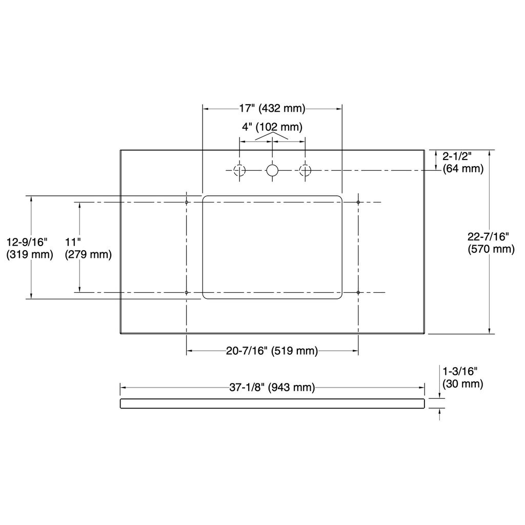 Kohler 28250-EST Quartz 37 Top W/ Rectangle Um Cutout