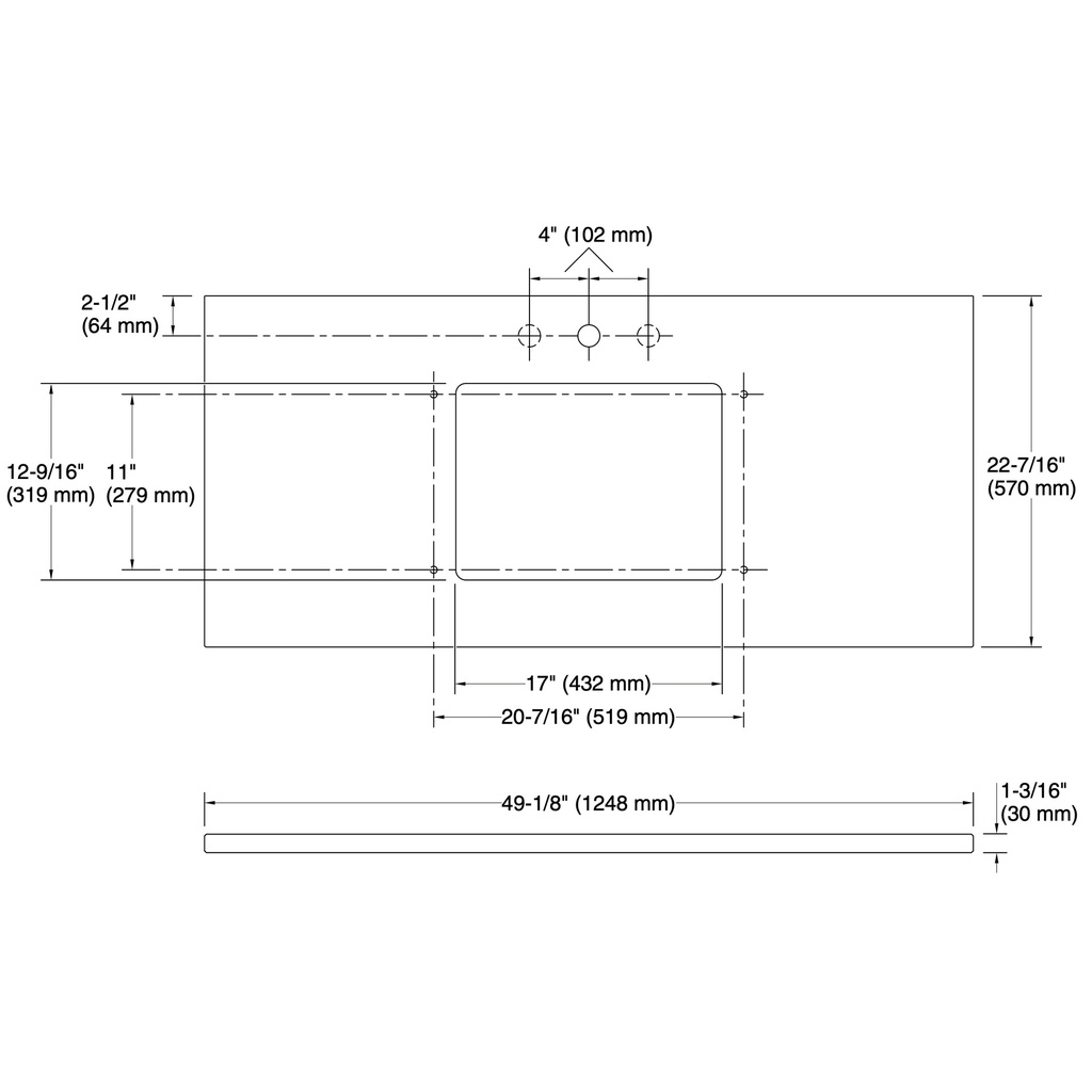 Kohler 28253-MMW Quartz 49 Top W/ Rectangle Um Cutout