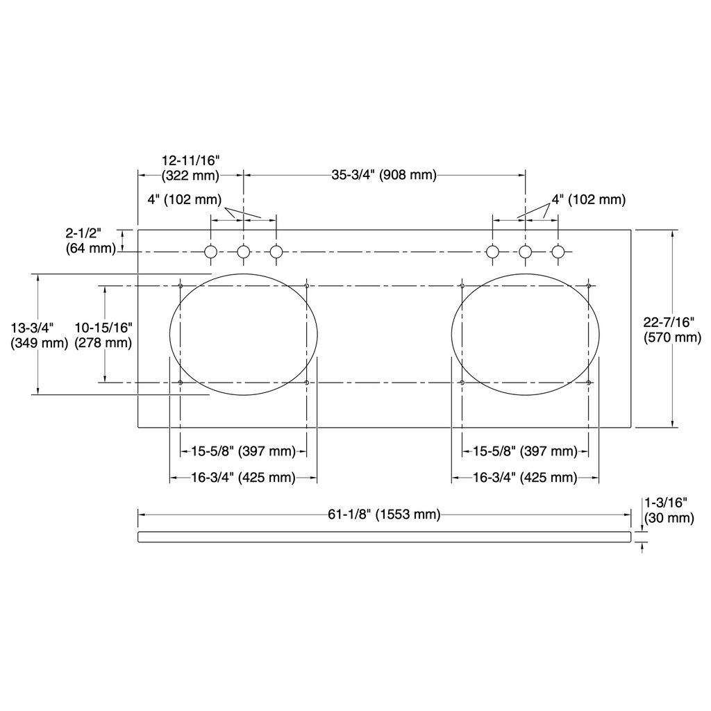 Kohler 28256-EMQ Quartz 61 Top W/ 2 Oval Um Cutout Ws