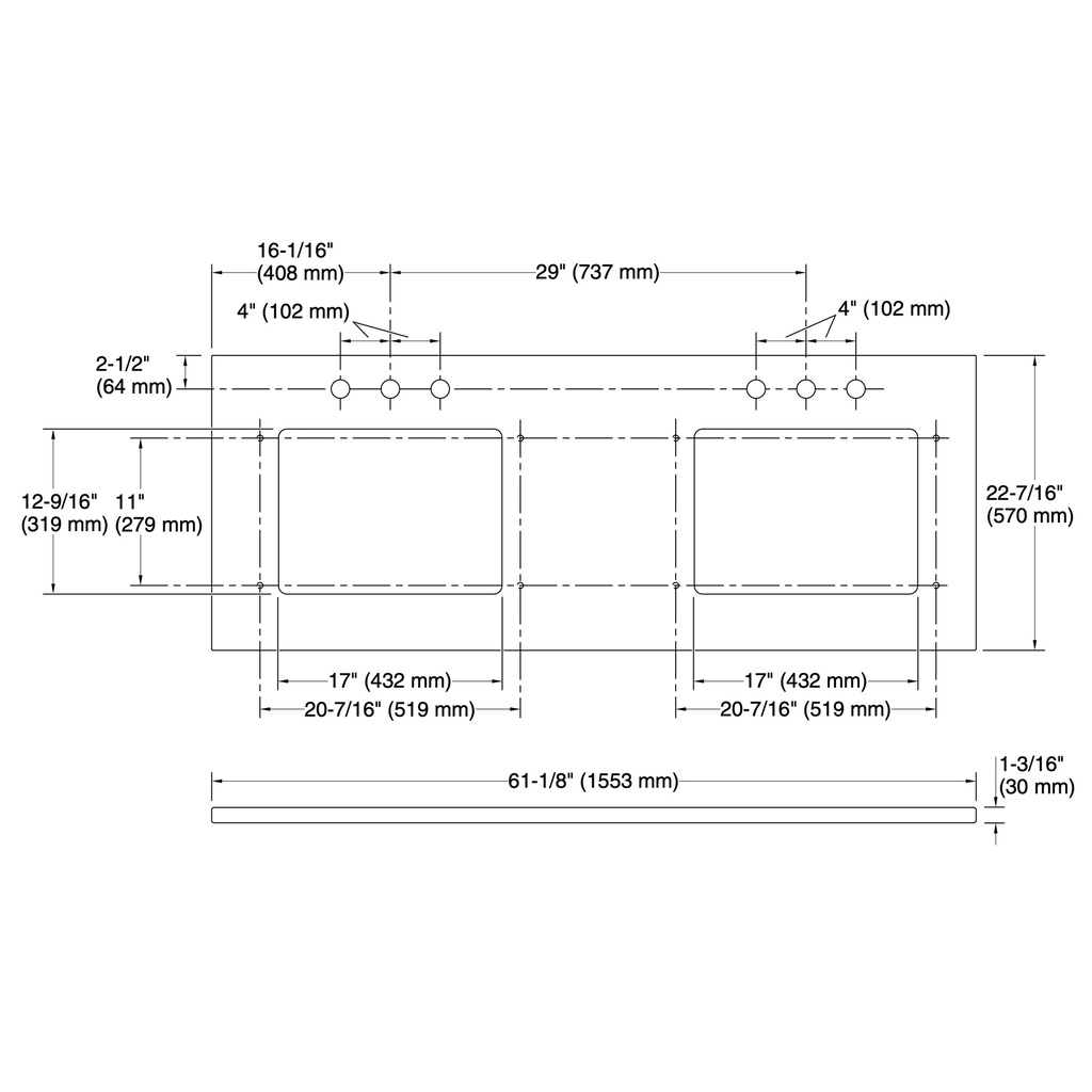 Kohler 28258-EST Quartz 61 Top W/ 2 Rect Um Cutout Ns