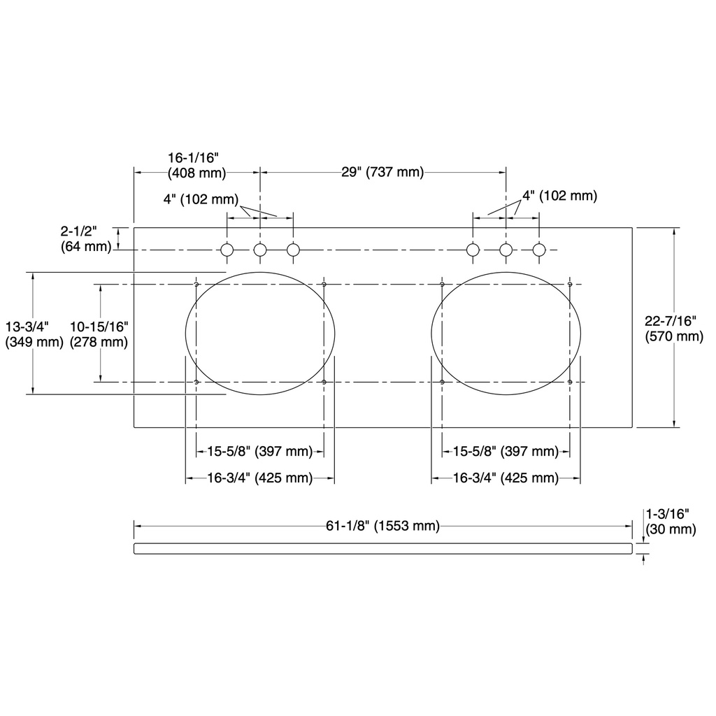 Kohler 28259-EMQ Quartz 61 Top W/ 2 Oval Um Cutout Ns