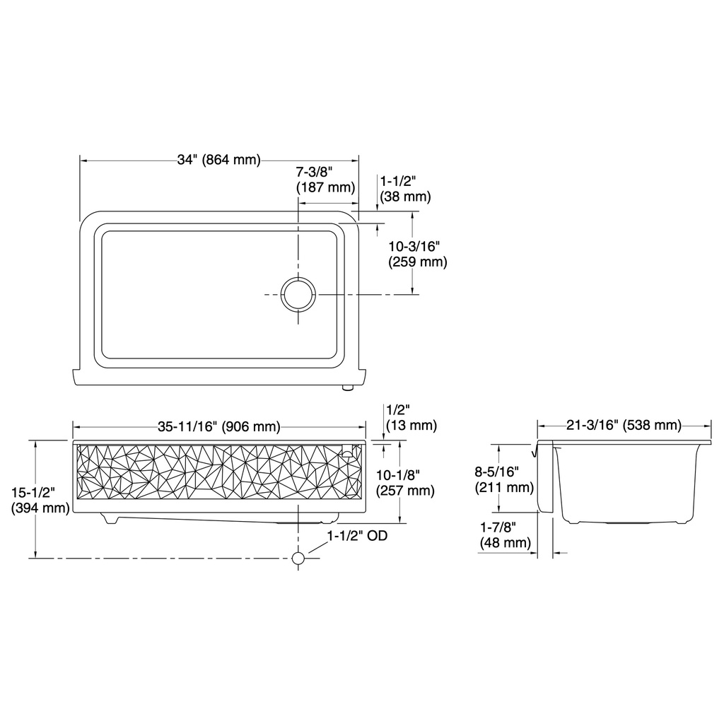 Kohler 29825-CM2 Cairn 1 Basin 36 Faceted Decor Aprn