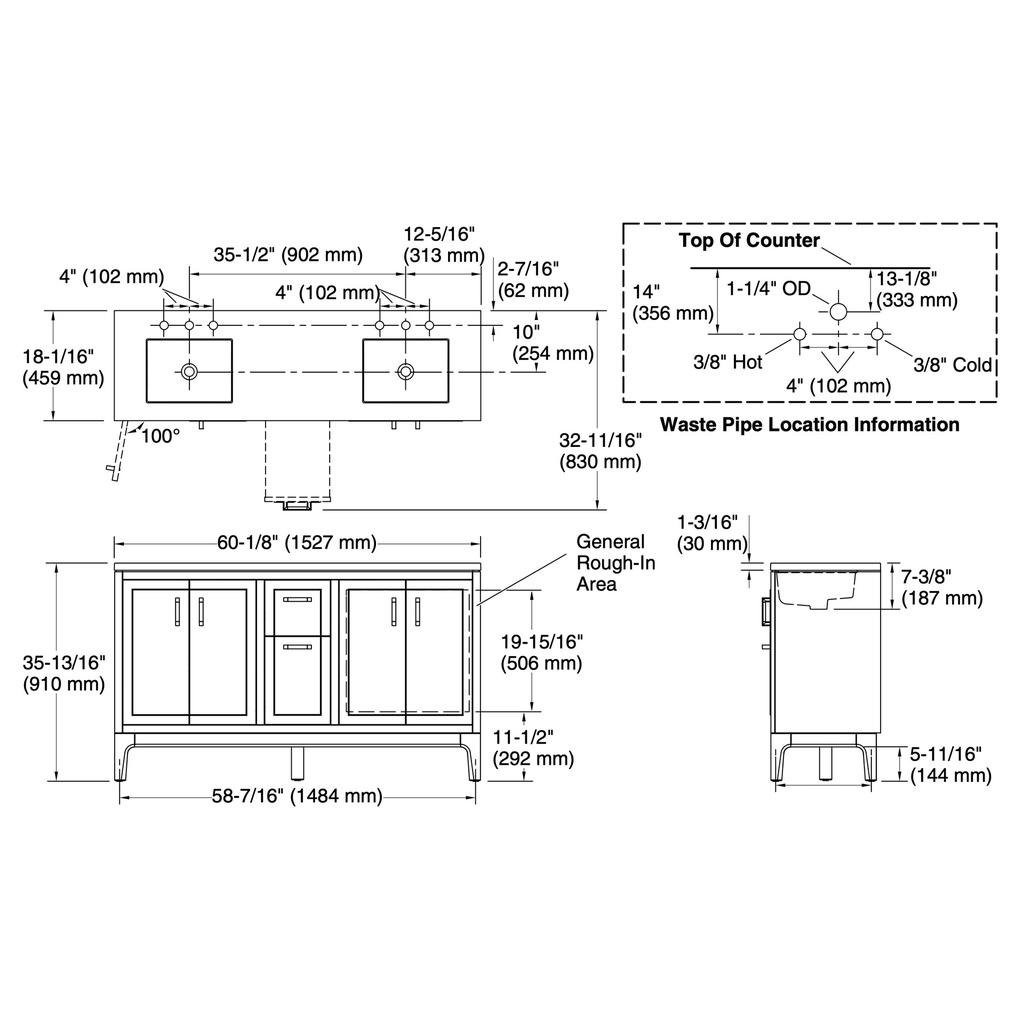 Kohler 33555-ASB-1WT Seer Vanity 60 Inches