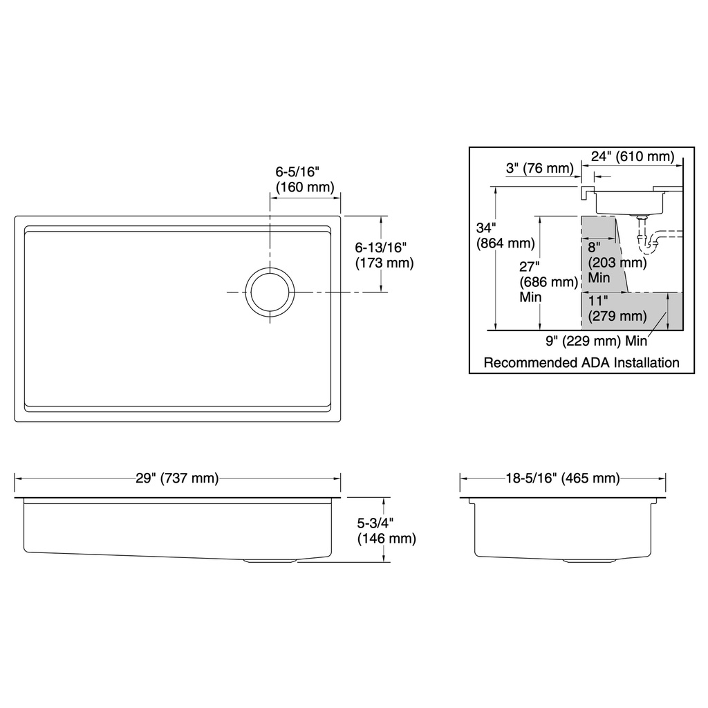 Kohler 33661-PC-NA Strive Single Basin 29 Ws Ada