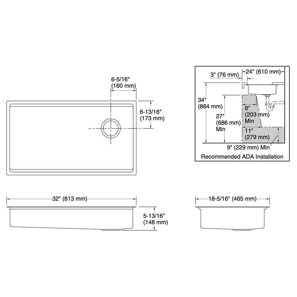 Kohler 33663-PC-NA Strive Single Basin 32 Ws Ada