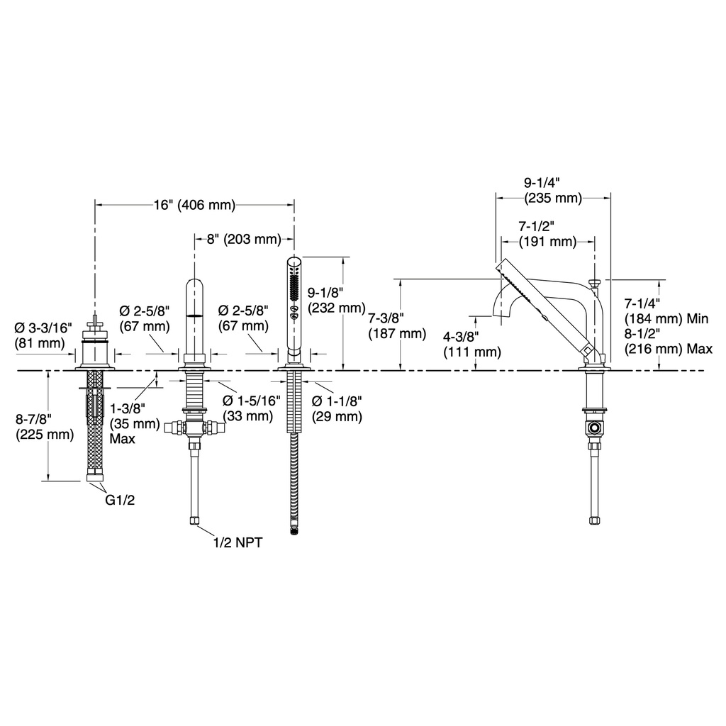 Kohler 35913-4-2MB Castia 1H Dm Bath Filler W/Handshower