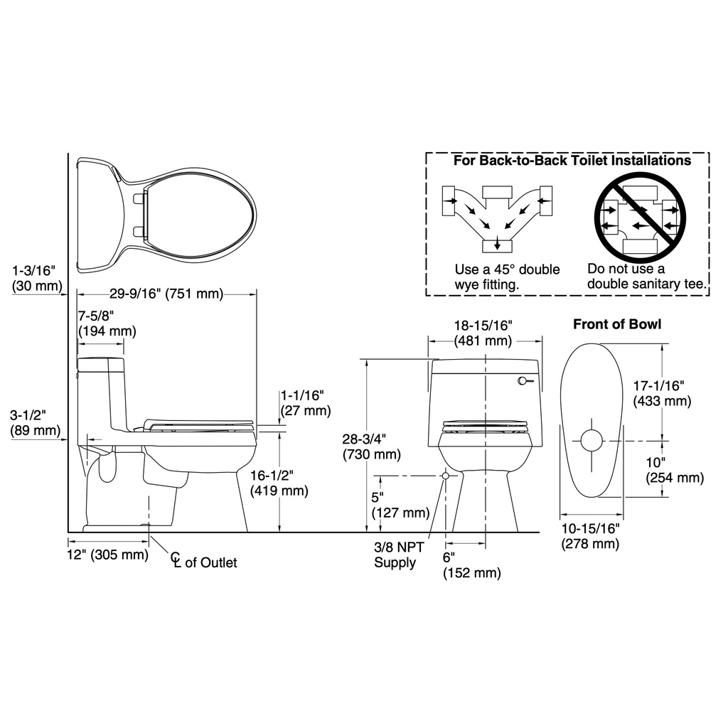 Kohler 3619-RA-96 Cimarron Ch 1-Pc Eb, 1.28 Toilet, Rh