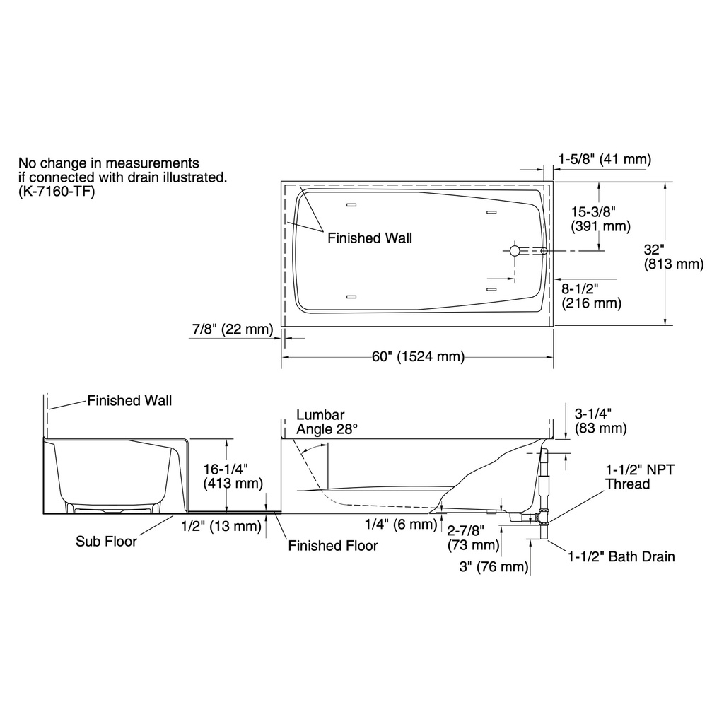 Kohler 506-0 Mendota 5' Bath/Right Outlet