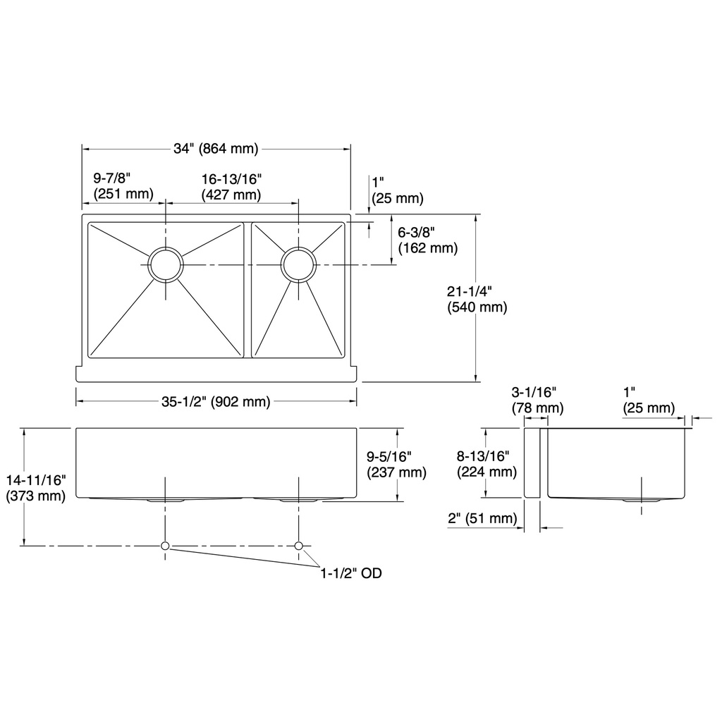 Kohler 5416-NA Strive Two Bowl Apron Sink 34X21