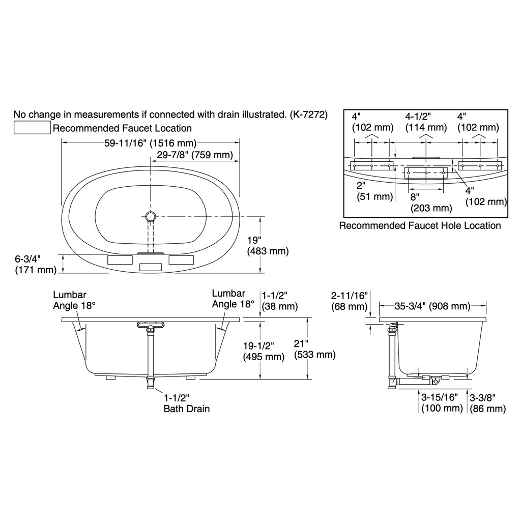 Kohler 5713-7 Underscore 60X36 Oval Bath