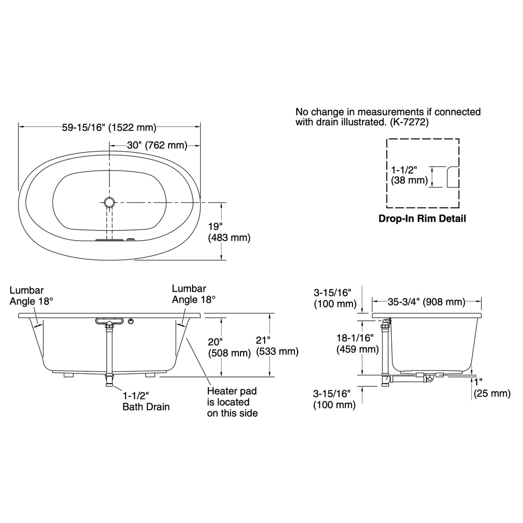 Kohler 5713-W1-7 Underscore 60X36 Oval Bath W/Bask