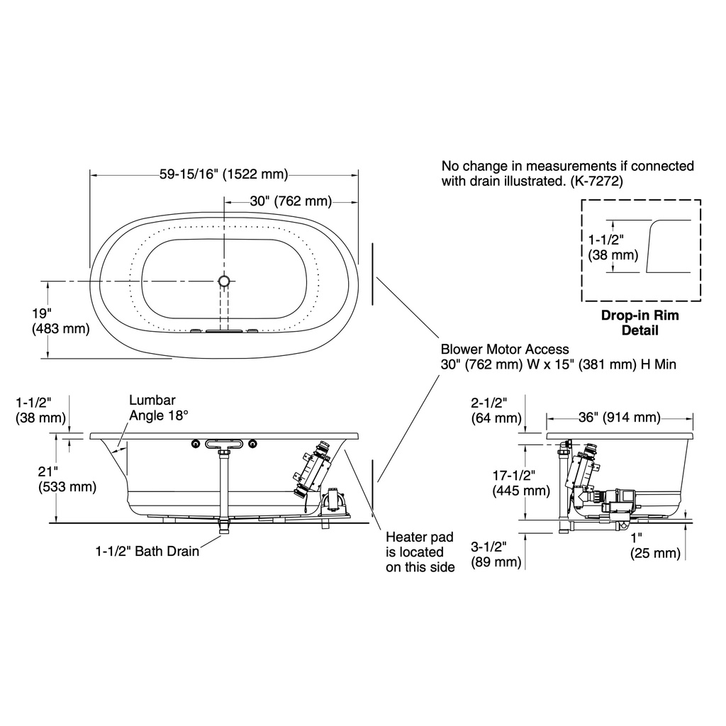 Kohler 5714-GHW-95 Underscore 60 Oval Heated Bbm Bath