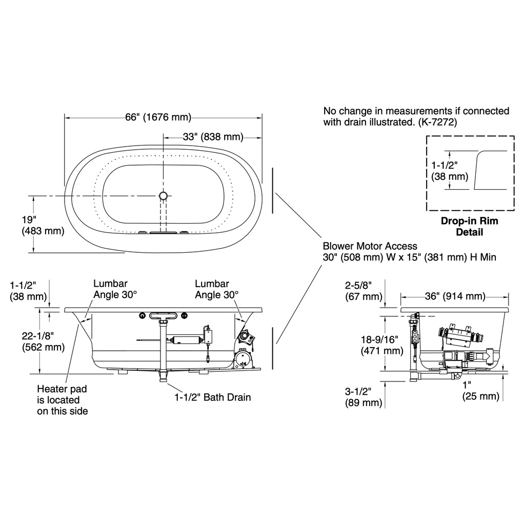 Kohler 5716-GHW-0 Underscore 66 Oval Heated Bbm Bath