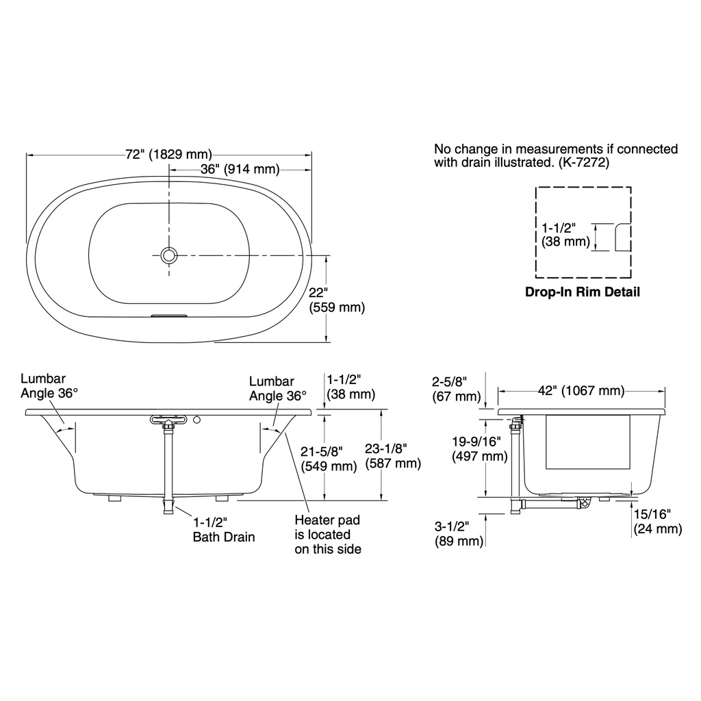 Kohler 5717-W1-96 Underscore 72X42 Oval Bath W/Bask